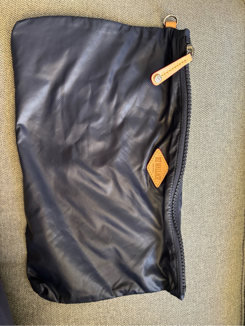 MZ Wallace Navy Nylon Pouch with Tan Leather Logo